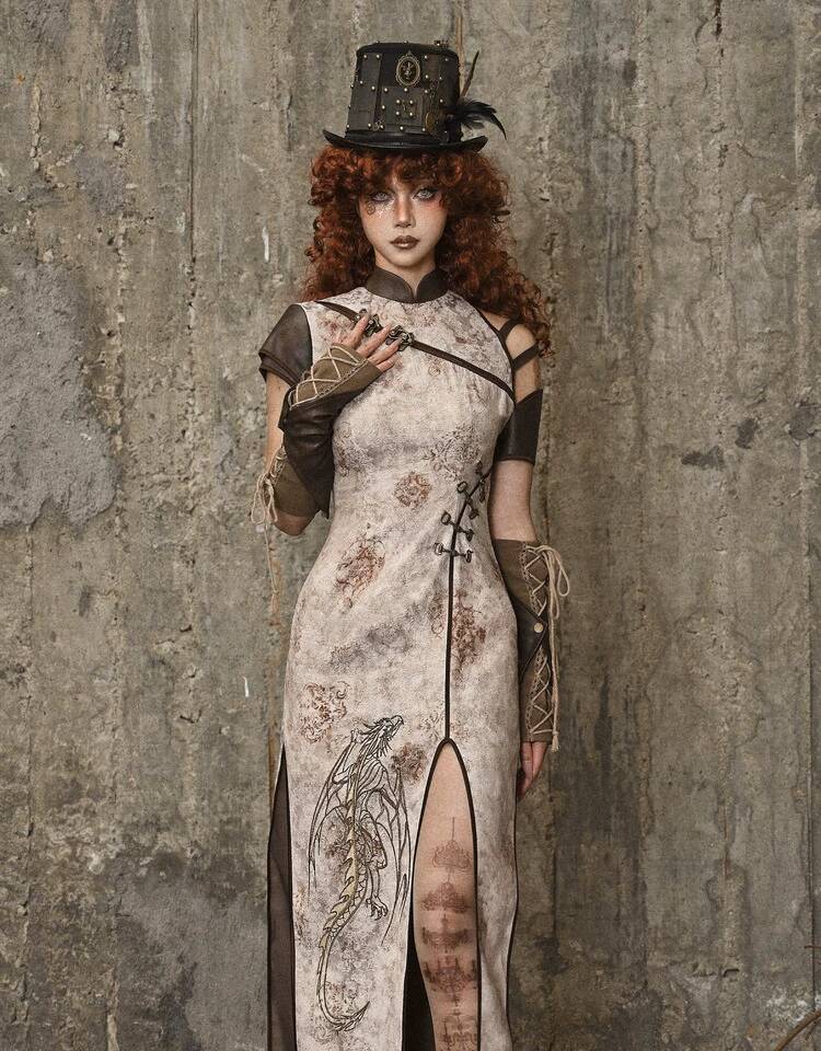 Embroidery Dress - Steampunk Tie-Dye Ejderha İşlemeli Cheongsam Elbise,