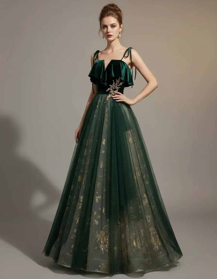 Embroidery Gold - Zümrüt Yeşili Kadife Üst Tül Etekli