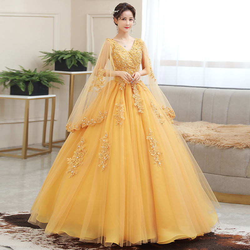 Embroidery Gold - Yeni Altın Nakış Uzun Kabarık Elbise